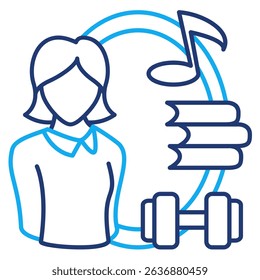 Hobbies icon represented by barbell, book, music symbol Dual Line style.