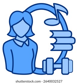 Hobbies icon represented by barbell, book, music symbol Blue style.