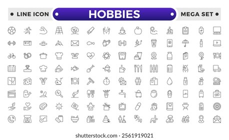 Hobbies icon set. Containing healthy lifestyle, diet, exercise, sleep, relationships, running, routine, self-care, culture and lifestyle icons. Healthcare, health, diet, healthy food, collection.
