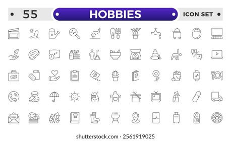 Hobbies icon set. Containing healthy lifestyle, diet, exercise, sleep, relationships, running, routine, self-care, culture and lifestyle icons. Healthcare, health, diet, healthy food, collection.
