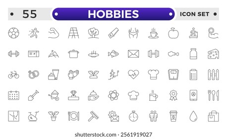 Hobbies icon set. Containing healthy lifestyle, diet, exercise, sleep, relationships, running, routine, self-care, culture and lifestyle icons. Healthcare, health, diet, healthy food, collection.
