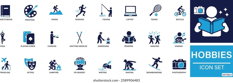 Hobbies icon set photography, acting, traveling, hiking, yoga, dancing, cooking, fishing, You can easily change the color.