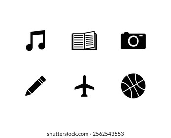 Hobbies Icon Set. Reading, Travelling, Basket Ball, Photography Icons Set for hobby. Hobbies Icon Set, Reading, Traveling, and Photography Graphic Elements