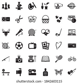 Hobbies Icons. Black Flat Design. Vector Illustration.