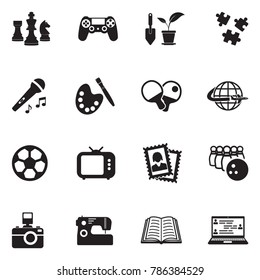 Hobbies Icons. Black Flat Design. Vector Illustration. 