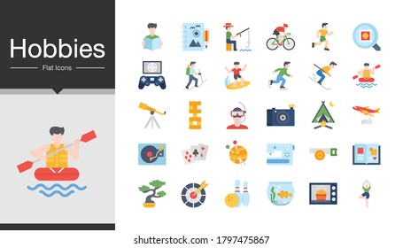 Hobbies icons. Flat design. Icon set of the most activities of people in holiday or summer. For presentation, mobile application, web design. Vector illustration.