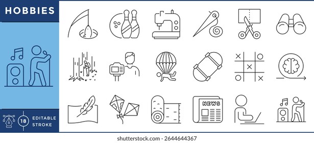 Hobbies icons set. Fishing, sew, craft, brain, paragliding, reading, singing, vlogging, gaming, hiking. Vector editable stroke.