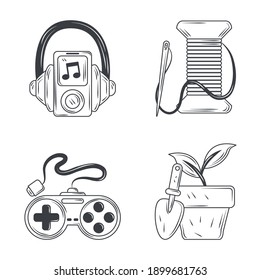 hobbies icons set, listen music gardening and sewing sketch style design vector illustration