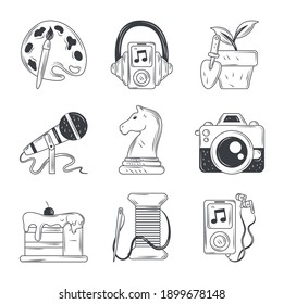 hobbies icons set, paint music photo dessert sketch style vector illustration