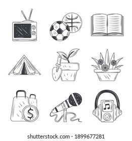 hobbies icons set, sport, tv, music, shopping gardening and read sketch style vector illustration