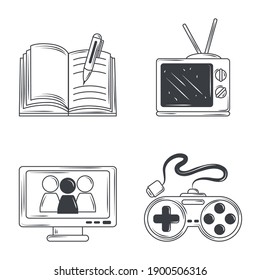 Hobbys-Symbole setzen, schreiben, spielen, fernsehen, skizzen-design, Vektorgrafik