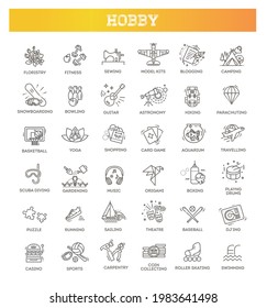 Hobbies and interest detailed line icons set in modern line icon style