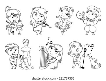 Hobbies and interests. Ballet studio, music school, theater workshop, school of fine arts, sculpture studio. Funny cartoon character. Vector illustration. Coloring book. Set