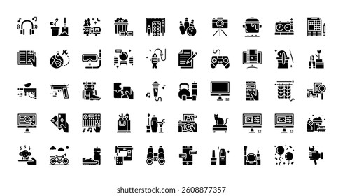 hobbies and interests lifestyle activities icons. solid glyph style icon set