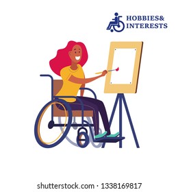 Hobbies and interests of people with disabilities. Vector illustration. A young woman in a wheelchair draws on the easel.
