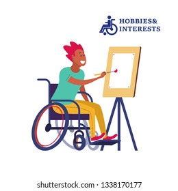 Hobbies and interests of people with disabilities. Vector illustration. A young man in a wheelchair draws on the easel.