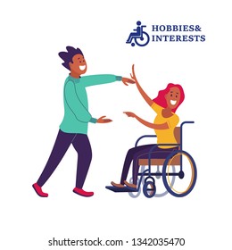 Hobbies and interests of people with disabilities. Vector illustration. A young woman in a wheelchair and a young man dancing.