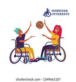 Hobbies and interests of people with disabilities. Vector illustration. A young woman and a young man in a wheelchair playing ball.