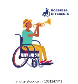 Hobbies and interests of people with disabilities. Vector illustration. A young man in a wheelchair playing the trumpet.