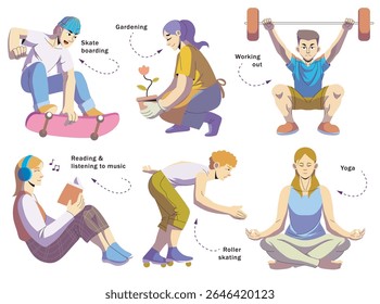 hobbies and leisure activities. skateboard, gardening, gym, reading, listening to music, roller skating, meditation