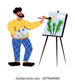 Hobbies leisure activity pastime people composition with male painter drawing picture on easel vector illustration