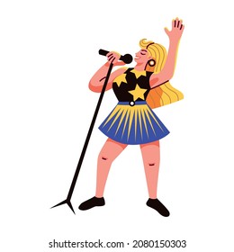 Hobbies leisure activity pastime people composition with character of girl singing in microphone on stand vector illustration