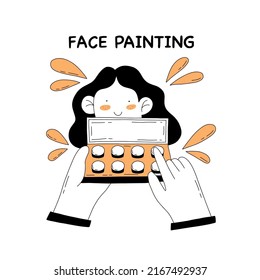 Hobbies and leisure hand drawn outline flat face painting illustration in doodle style isolated on white background. Girl paints another face black and white concept.