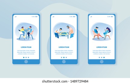 Hobbies and Leisure People on Three Screens Smartphone. Print Image. Coworking Center. Vector Illustration. Time Rest. Men Play Table Football. Children Play Chess. Man and Woman on Chair with Gadget.