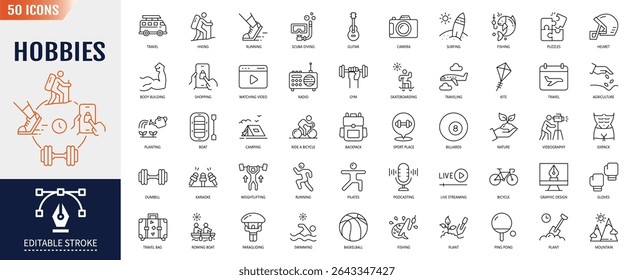 Hobbies line editable icon set. Editable stroke. Vector illustration
