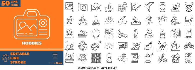 Hobbies Line Editable Icons set. Vector illustration in modern thin line style of hobbies icons: painting, photography, acting, traveling, hiking, etc
