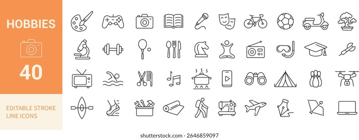 Conjunto de ícones editáveis da linha Hobbies. Inclui esportes, música, culinária, fotografia, viagens, arte e muito mais. Ilustração de vetor.