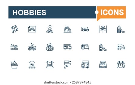 Hobbies linear icon collection. Contain linear outline icons party, hiking, adventure, Recreation, vacation, activity, picnic and more. Flat icon. Vector outline and solid icons collection.