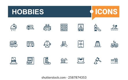 Hobbies linear icon collection. Contain linear outline icons party, hiking, adventure, Recreation, vacation, activity, picnic and more. Flat icon. Vector outline and solid icons collection.