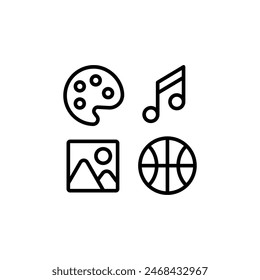 Hobbies linear icon. Drawing, music, photography, sports. Line customizable illustration. Contour symbol. Vector isolated outline drawing. Editable stroke