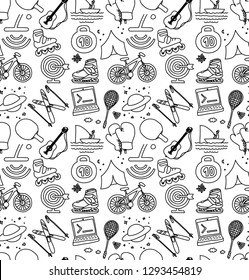 Hobbies men objects sport tourism coding monochrome seamless pattern