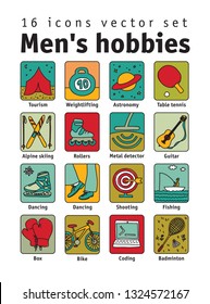 Hobbies men objects sport tourism coding color icons set