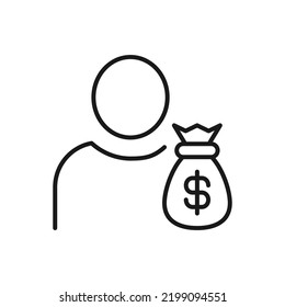 Hobbies, profesión y concepto de negocios. Señales minimalistas para sitios web, anuncios, aplicaciones, tiendas. Trazo editable. Icono de línea de vector del dólar en bolsa de dinero por persona sin rostro
