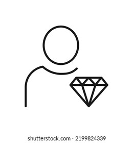 Hobbies, profession and business concept. Minimalistic signs for web sites, adverts, apps, stores. Editable stroke. Vector line icon of gem, jewel or diamond by faceless person  