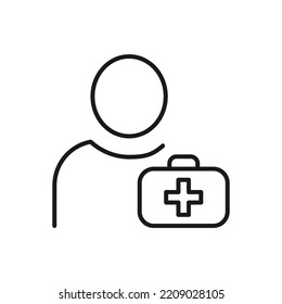 Hobbies, profession and business concept. Minimalistic signs for web sites, adverts, apps, stores. Editable stroke. Vector line icon of medical suitcase by faceless person  