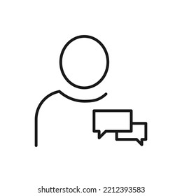Hobbies, profession and business concept. Minimalistic signs for web sites, adverts, apps, stores. Editable stroke. Vector line icon of speech bubble by faceless person  