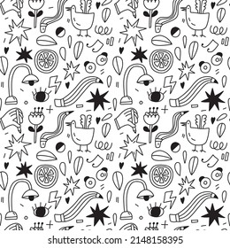 Hobbies and school items in seamless black and white pattern. Minimalistic line illustration for perfect design, fabric, web, textile, wall. Line art drawing.