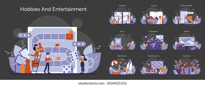 Hobbies set. Everyday leisure activities and passions showcased in vibrant illustrations. From cooking to gaming, each scene vibrates with dynamic energy and engaging pastimes. Vector illustration