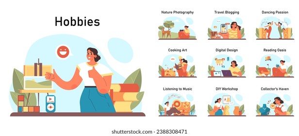 Hobbies set. Female character enjoying their free time. Daily life leisure activities and entertainment. Modern artistic professions. Flat vector illustration