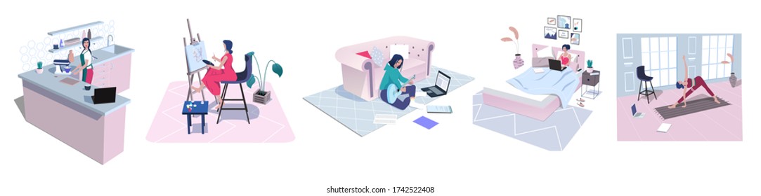 Woman’s hobbies set. Young girl enjoy  cooking, play guitar, painting, chatting, do yoga. Love yourself concept. Relax and stay home. Vector illustration.