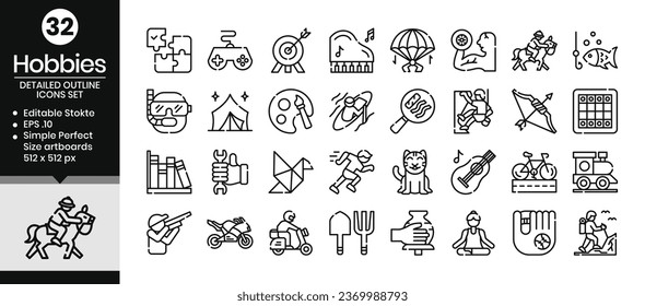 Hobbys dünnen Umriss-Symbole gesetzt. Die Kollektion umfasst Symbole aus verschiedenen Bereichen, die Hobbys und Freizeit betreffen, von Business und Entwicklung bis hin zu Webdesign, App-Design, Logos und mehr.