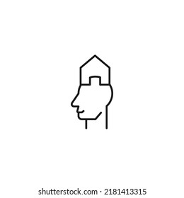 Hobbies, thought and ideas concept. Vector sign drawn in flat style. Editable stroke. Line icon of house or home over head of man 