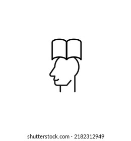 Hobbies, thought and ideas concept. Vector sign drawn in flat style. Editable stroke. Line icon of book over head of man 
