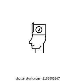 Hobbies, thought and ideas concept. Vector sign drawn in flat style. Editable stroke. Line icon of checkmark over head of man 