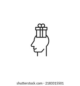 Hobbies, thought and ideas concept. Vector sign drawn in flat style. Editable stroke. Line icon of gift or present over head of man 