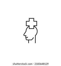 Hobbies, thought and ideas concept. Vector sign drawn in flat style. Editable stroke. Line icon of medical cross over head of man 